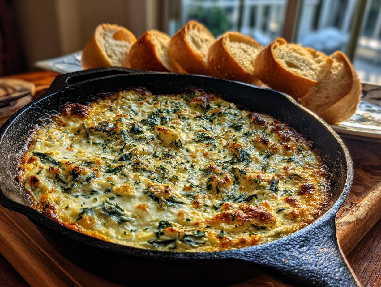 A bubbling, golden-brown baked spinach artichoke dip served in a cast iron skillet with slices of bread.