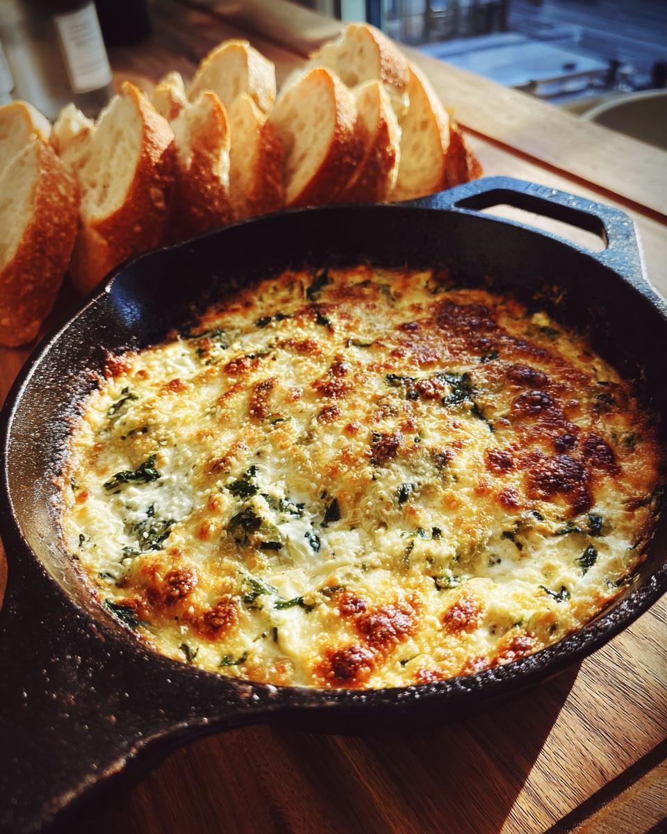 A close-up of a bubbly, golden-brown baked spinach artichoke dip in a cast-iron skillet, served with sliced baguette.