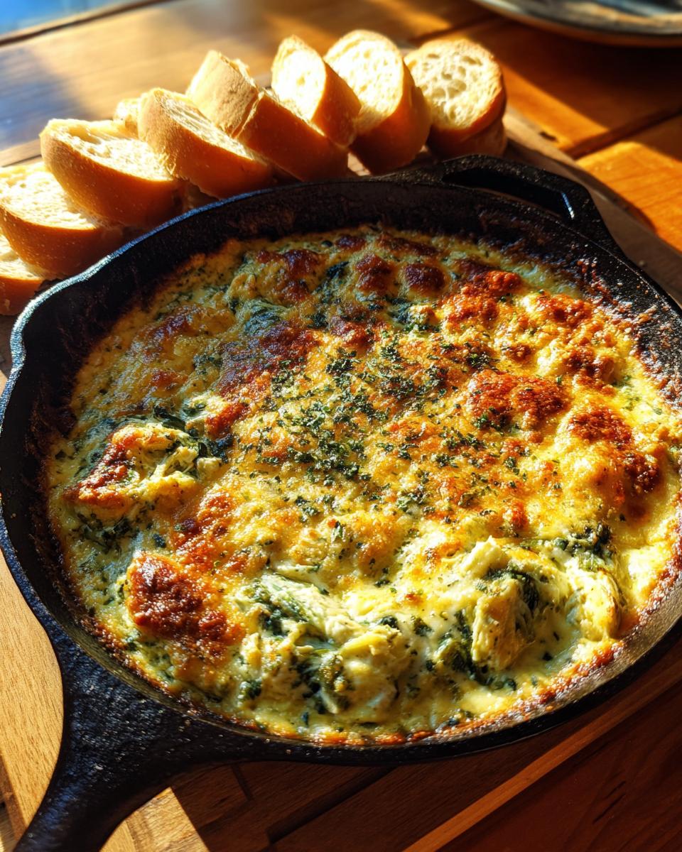 A close-up of a bubbling baked spinach artichoke dip in a cast iron skillet, served with sliced baguette.