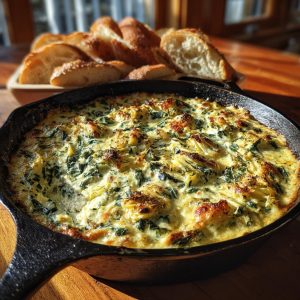 Close-up of a bubbling baked spinach artichoke dip in a cast iron skillet, served with sliced baguette.