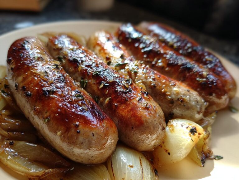 Close-up of juicy beer brats served on a bed of caramelized onions, seasoned with herbs.