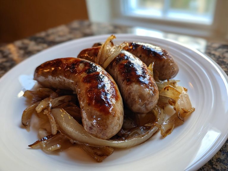 Three juicy beer brats with caramelized onions served on a white plate.