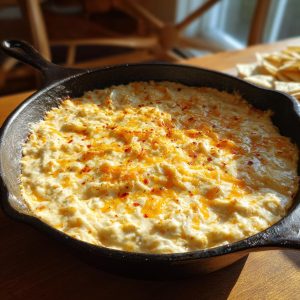 A close-up of a bubbling beer cheese dip in a cast iron skillet, topped with shredded cheese and red pepper flakes.