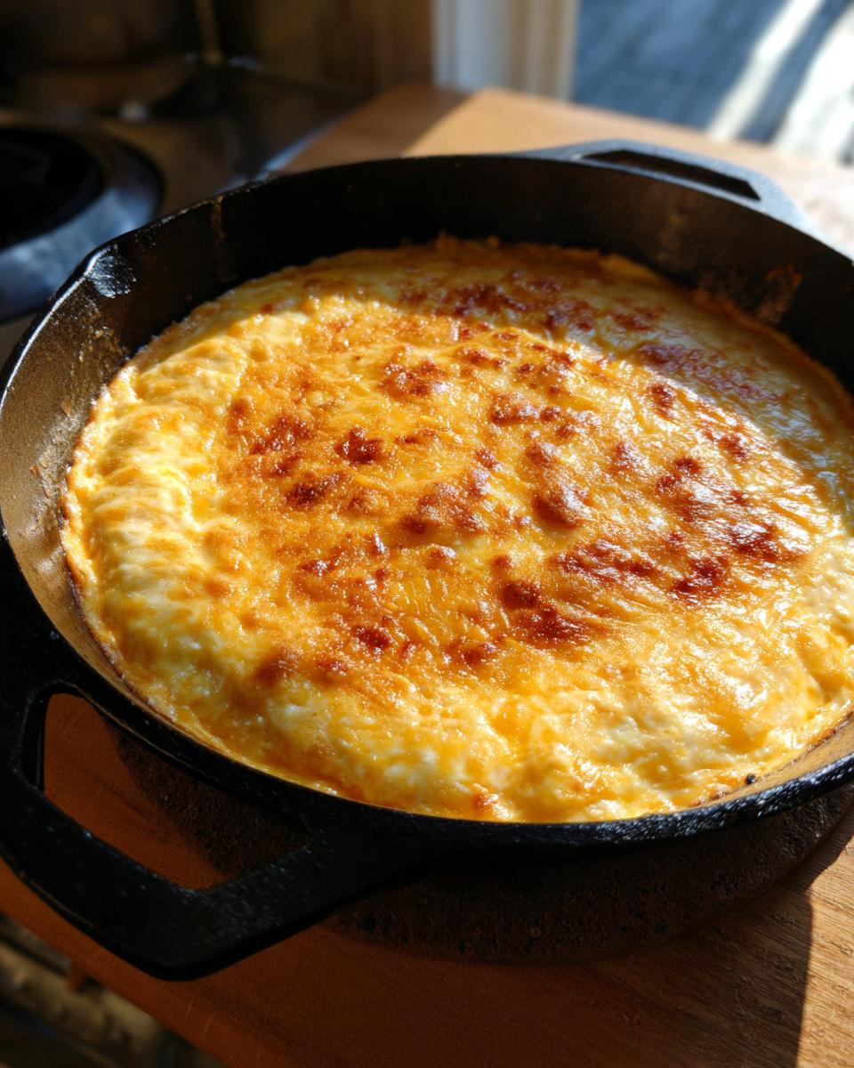 Close-up of a bubbling, golden-brown beer cheese dip baked in a cast iron skillet.