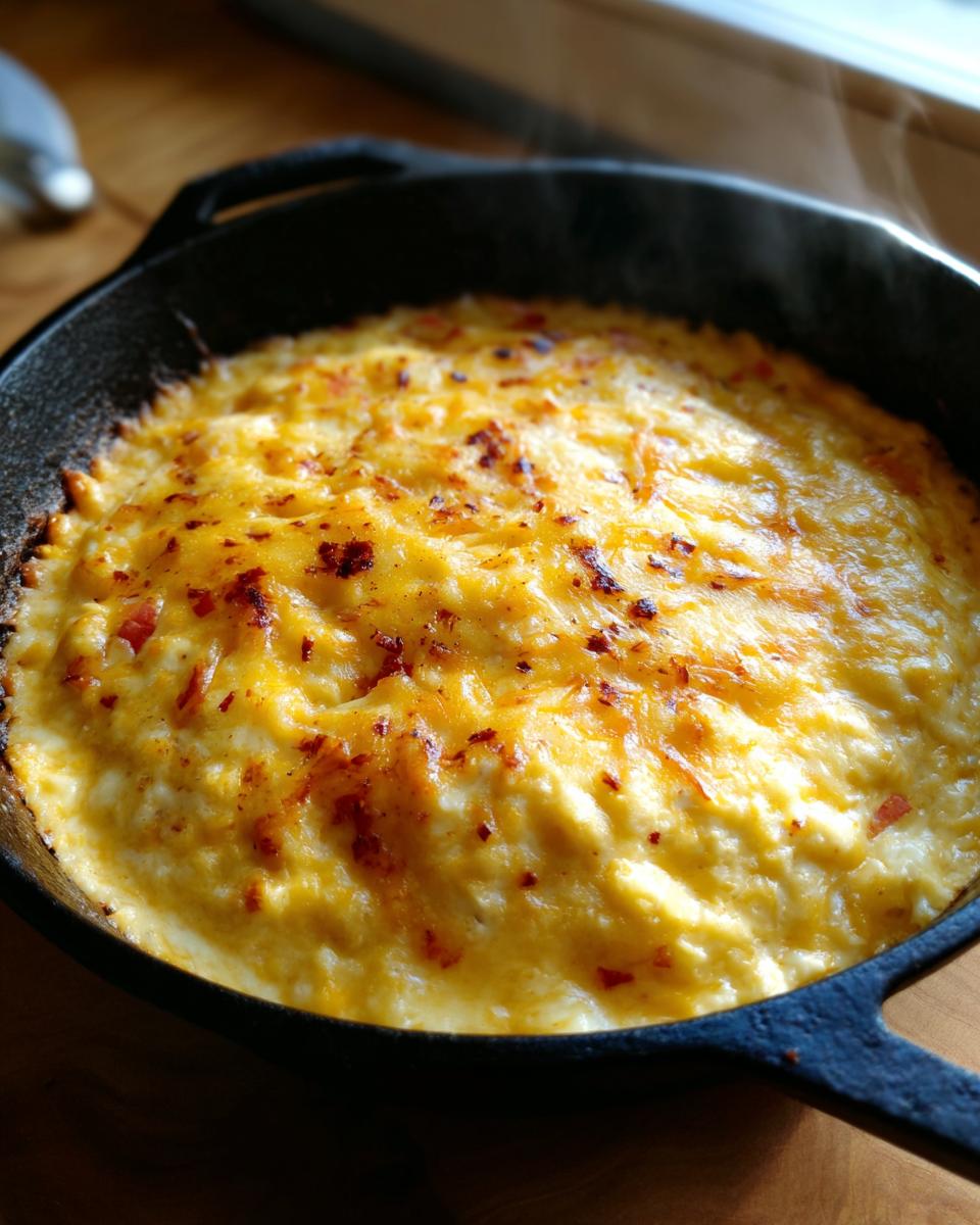 Close-up of bubbling, golden-brown Beer Cheese Dip in a cast iron skillet, with steam rising.