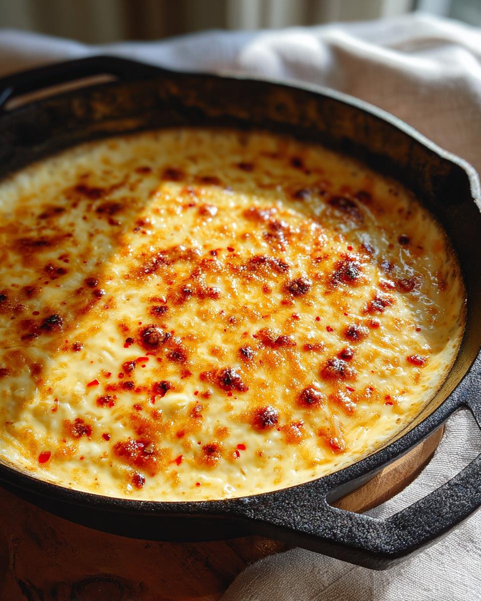 Close-up of bubbly, golden beer cheese dip with red pepper flakes in a cast iron skillet.