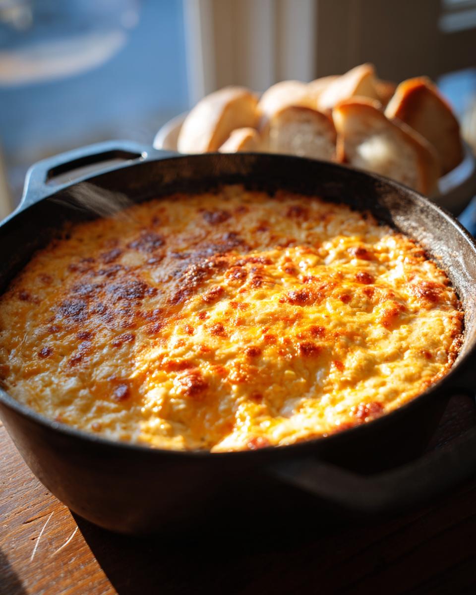 A bubbling, golden-brown Beer Cheese Dip served in a cast iron skillet, with slices of bread in the background.