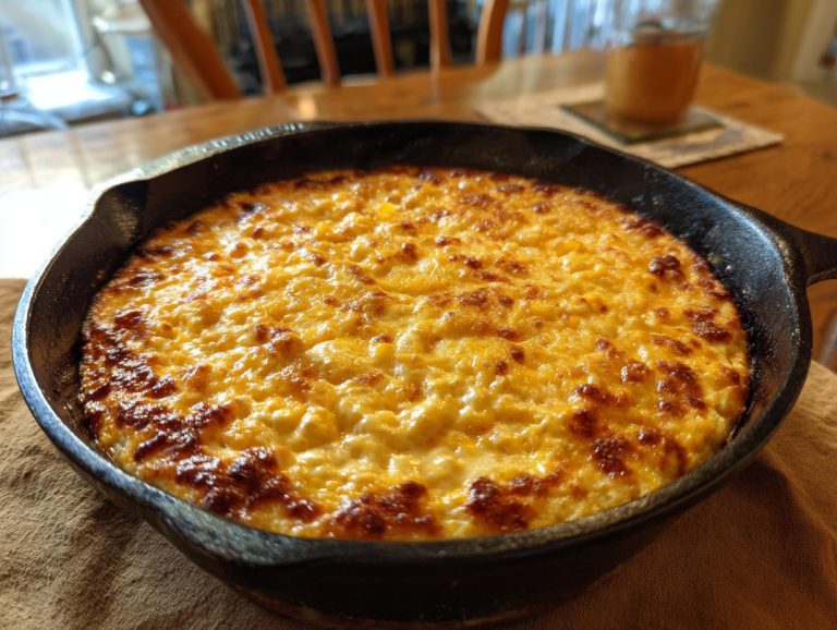 A bubbling, golden beer cheese dip baked to perfection in a cast iron skillet.