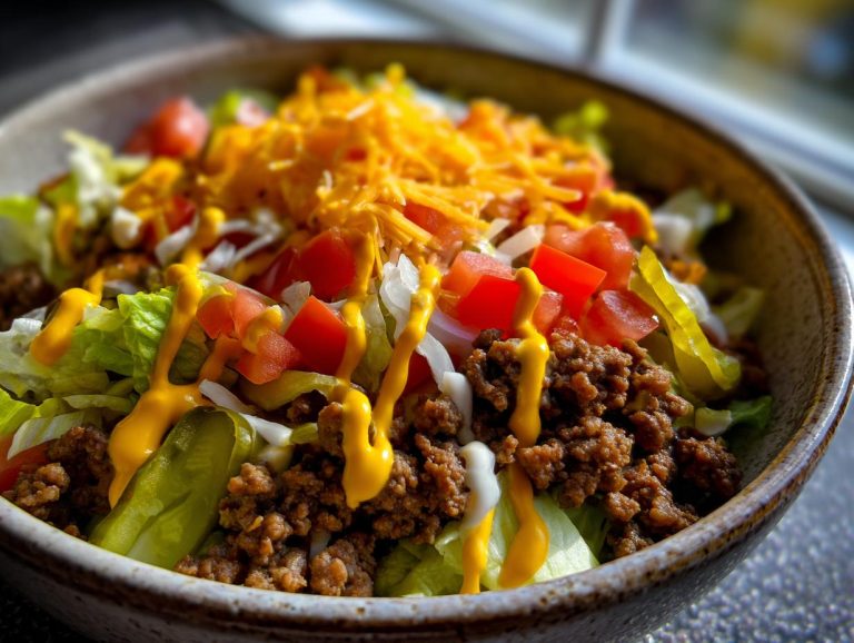 A close-up of a Big Mac salad in a bowl, featuring ground beef, lettuce, tomatoes, cheese, pickles, and sauce.