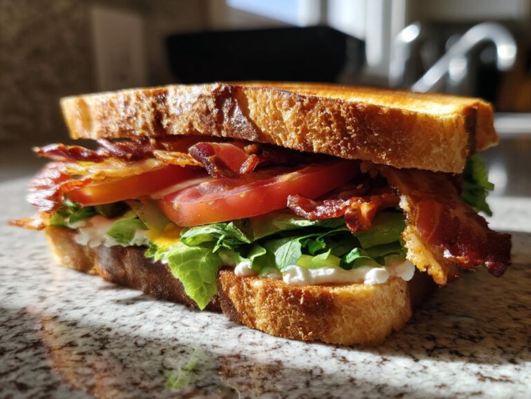 A delicious BLT sandwich with crispy bacon, fresh lettuce, and ripe tomatoes on toasted bread.