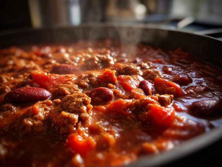 Close-up of steaming hot chili with ground beef, kidney beans, and tomatoes simmering in a cast iron skillet.