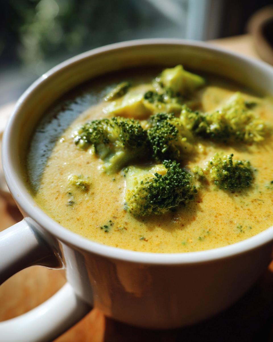Close-up of a creamy broccoli cheddar soup in a white bowl, topped with fresh broccoli florets.