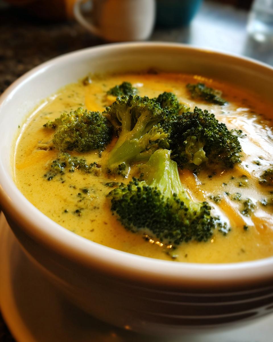 A close-up of a creamy broccoli cheddar soup, topped with fresh broccoli florets.
