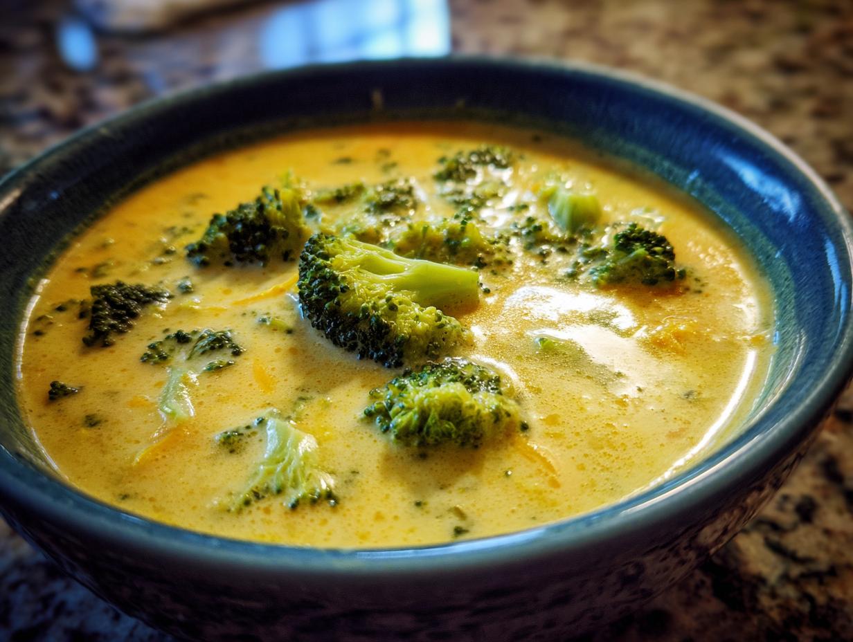 A close-up of a steaming bowl of creamy broccoli cheddar soup with visible florets of broccoli.