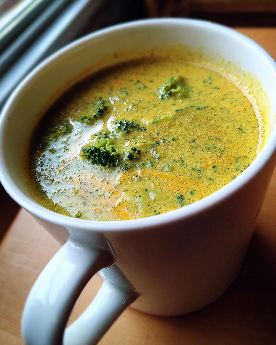 A close-up of a steaming white mug filled with creamy broccoli cheddar soup, featuring visible florets of broccoli.