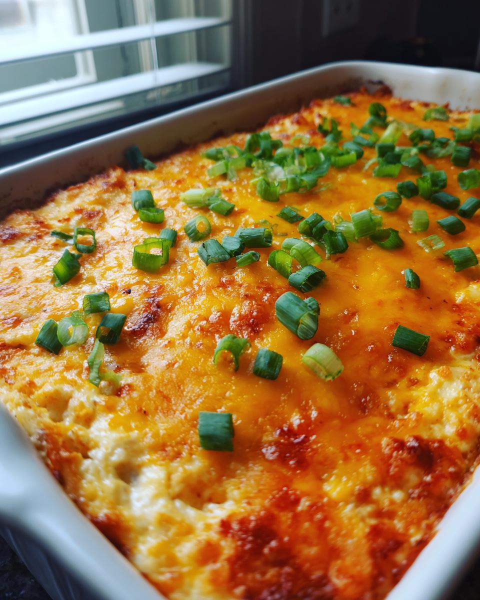 Close-up of a bubbly Buffalo chicken dip topped with melted cheese and chopped green onions in a white baking dish.