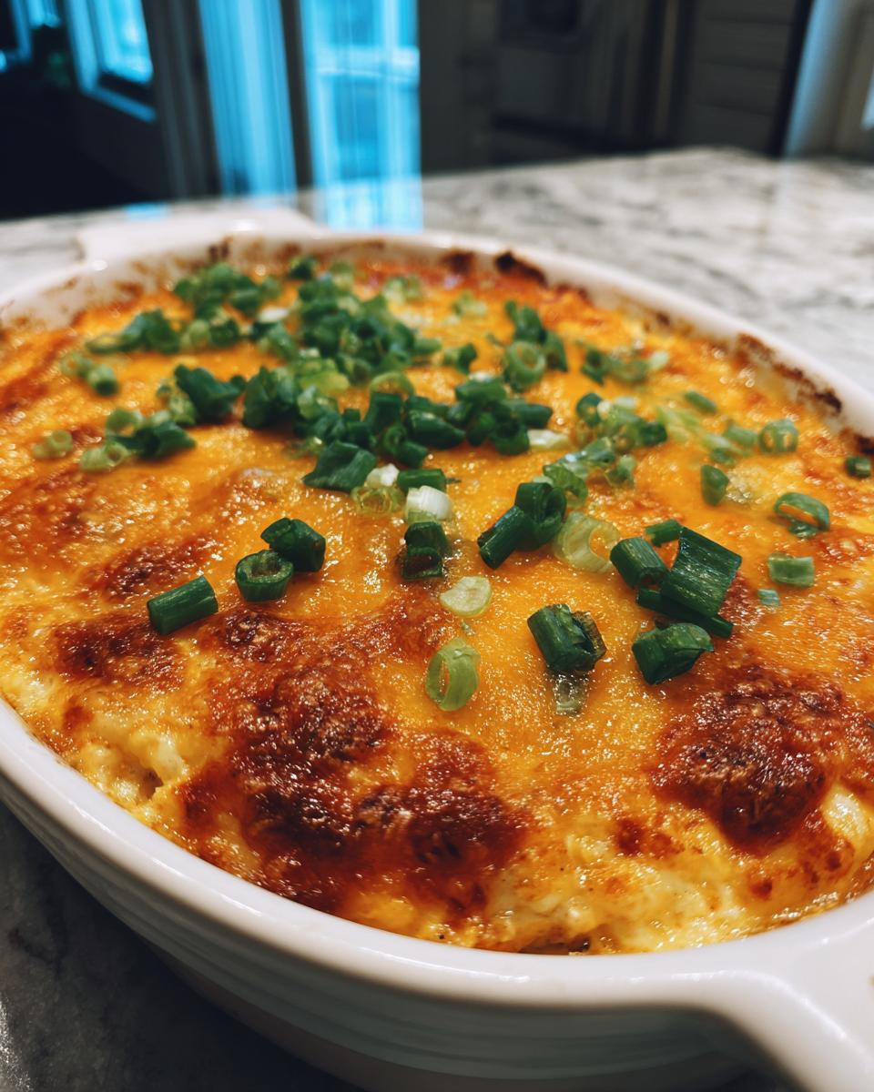 A close-up of bubbling, cheesy Buffalo chicken dip topped with fresh green onions in a white baking dish.