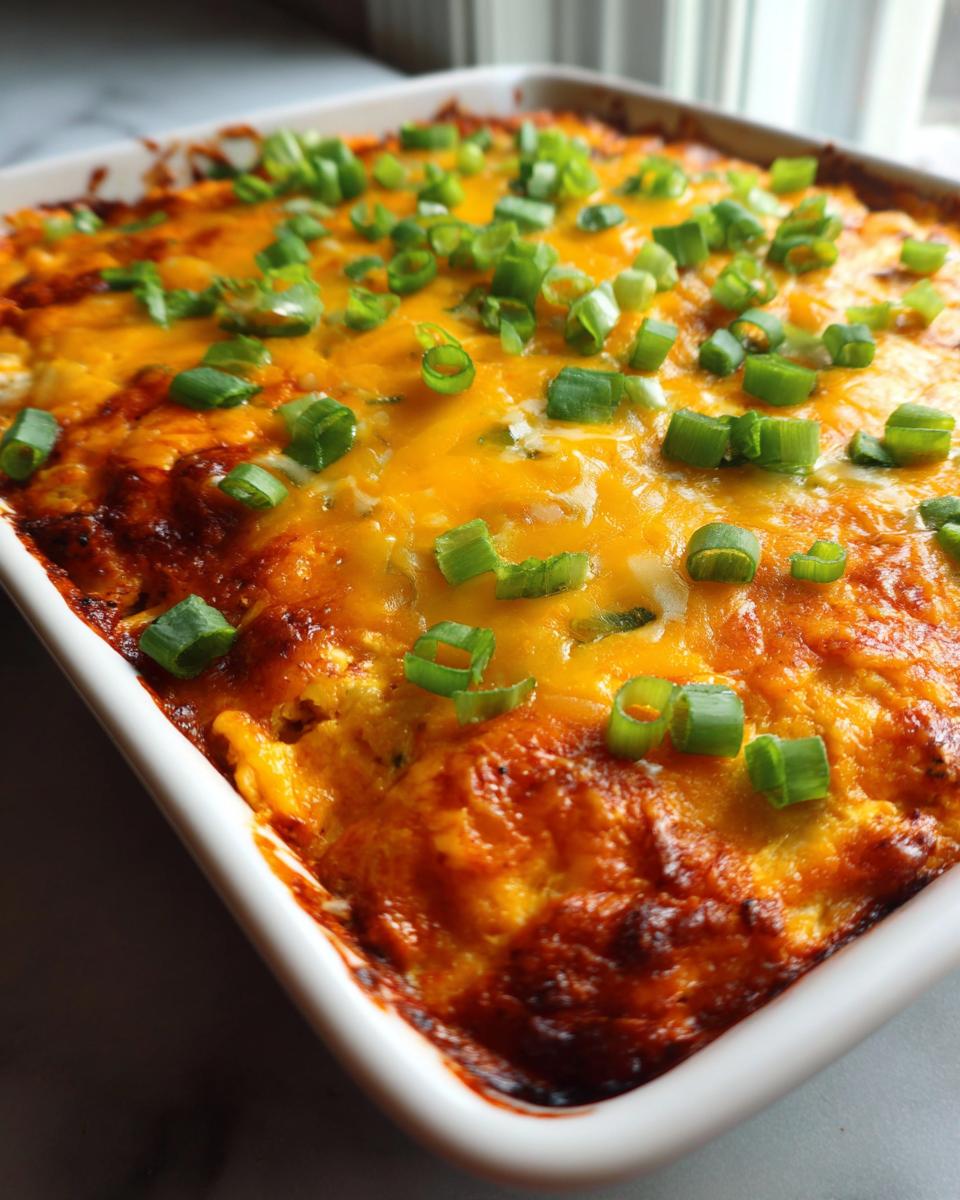 A close-up of bubbling Buffalo chicken dip in a white baking dish, topped with melted cheddar cheese and chopped green onions.