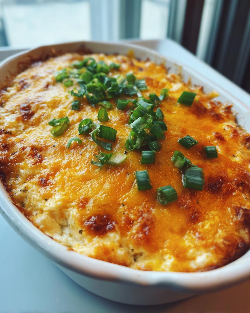 Close-up of a bubbling Buffalo chicken dip in a white baking dish, topped with melted cheddar cheese and chopped green onions.