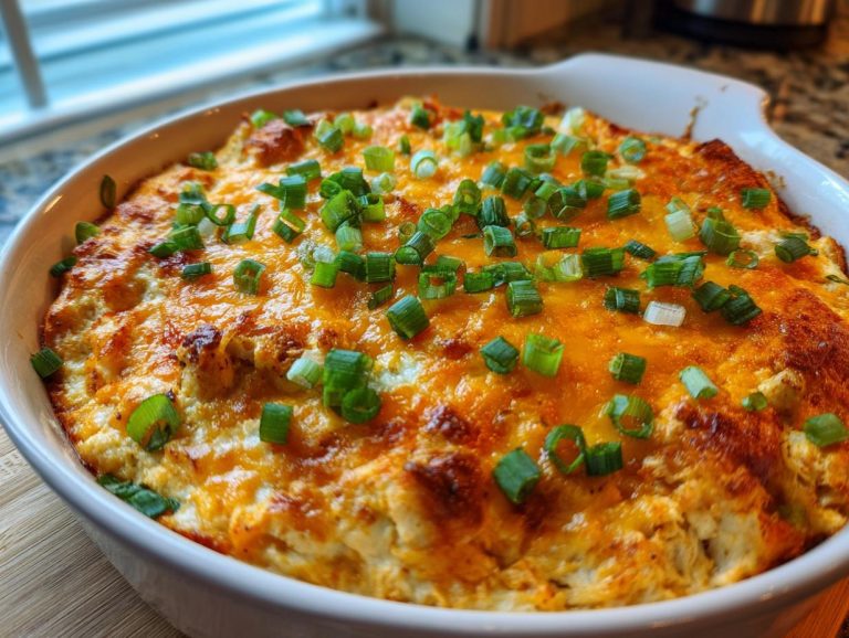 A close-up of a bubbling Buffalo chicken dip in a white baking dish, topped with melted cheese and chopped green onions.