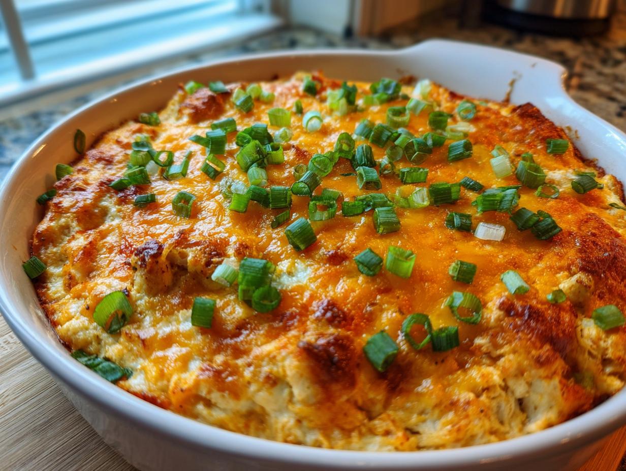 A close-up of a bubbling Buffalo chicken dip in a white baking dish, topped with melted cheese and chopped green onions.