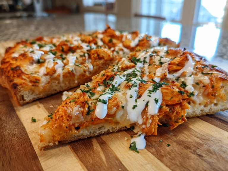 A close-up of a slice of buffalo chicken pizza, topped with melted cheese, shredded chicken, and a drizzle of ranch.