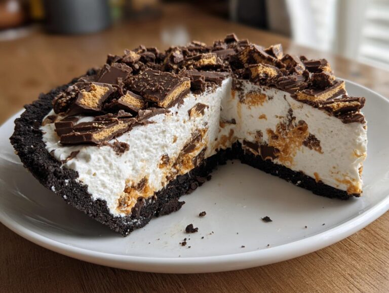 A slice of delicious Butterfinger pie with a chocolate crust, creamy filling, and chunks of Butterfinger candy on top.