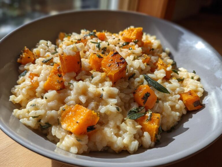A close-up of creamy butternut squash risotto topped with roasted butternut squash cubes and fresh sage leaves.
