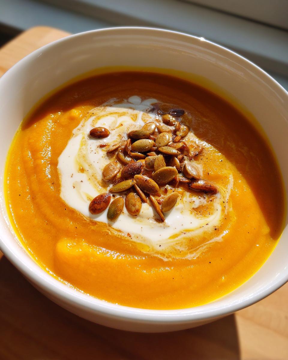 A close-up of a bowl of vibrant butternut squash soup, topped with a swirl of cream and toasted pumpkin seeds.