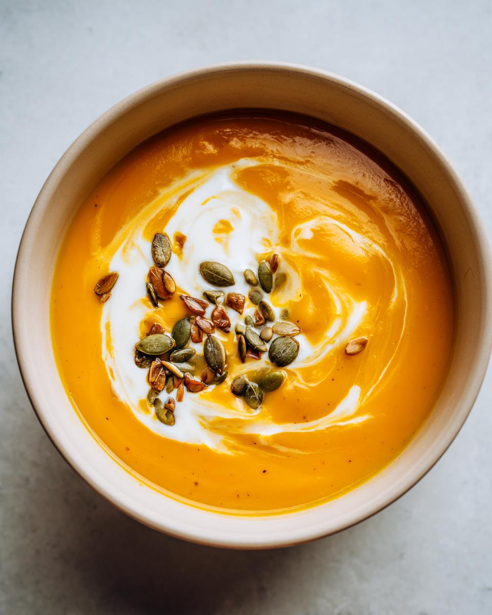 A close-up overhead view of a bowl of vibrant orange butternut squash soup, swirled with cream and topped with toasted pumpkin seeds.