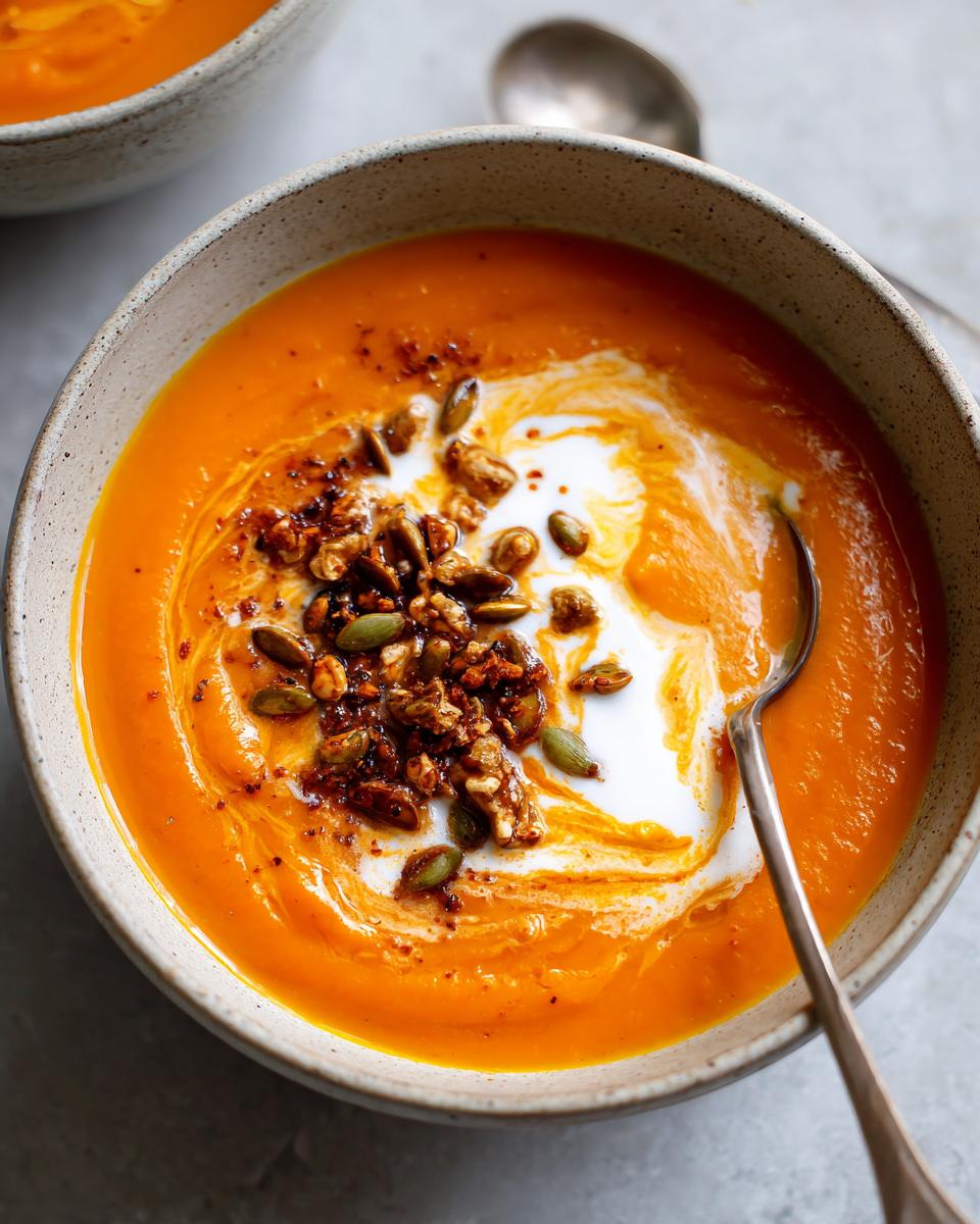 A close-up of a bowl of creamy butternut squash soup, swirled with cream and topped with pumpkin seeds and nuts.