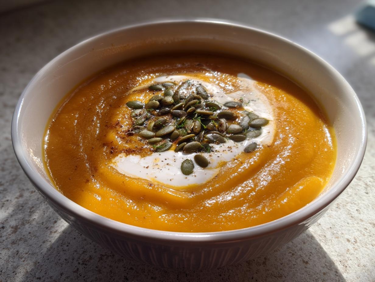 A close-up of a bowl of creamy butternut squash soup, topped with a swirl of cream, pumpkin seeds, and herbs.