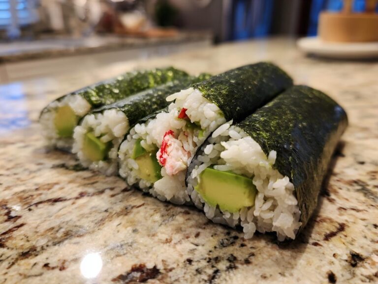 Close-up of three freshly made California rolls, showcasing avocado and imitation crab filling.