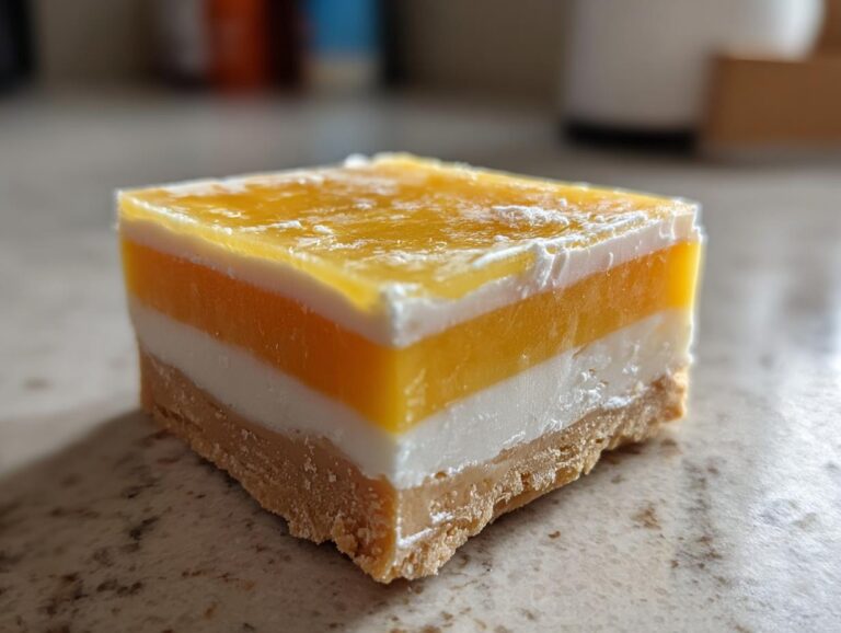 A single slice of layered candy corn fudge with orange and white layers on a crumb crust.