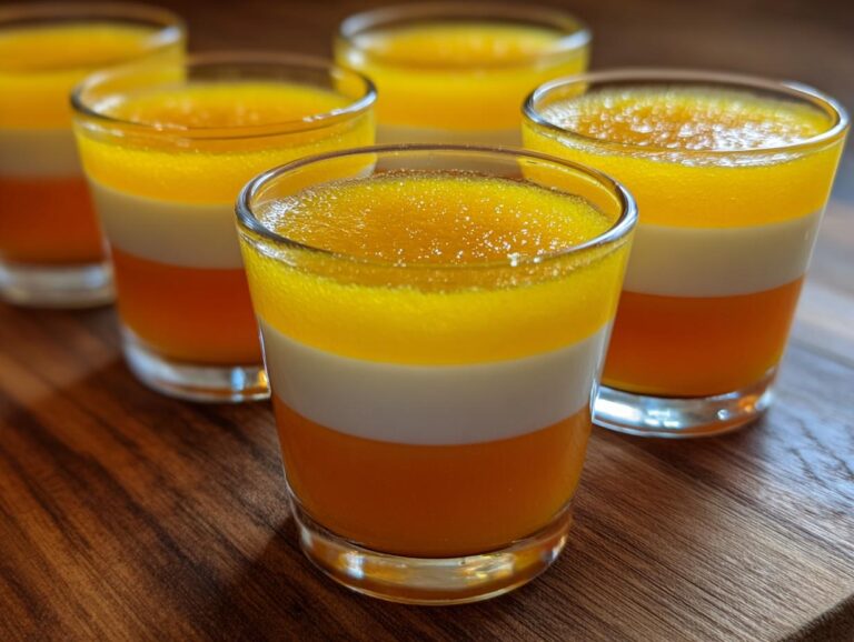 Close-up of layered candy corn jello shots in glasses, featuring orange, white, and yellow layers.