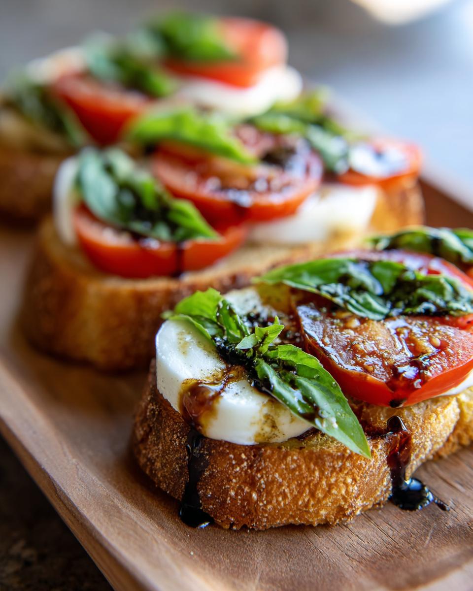 Close-up of Caprese garlic bread topped with fresh tomatoes, mozzarella, basil, and balsamic glaze.