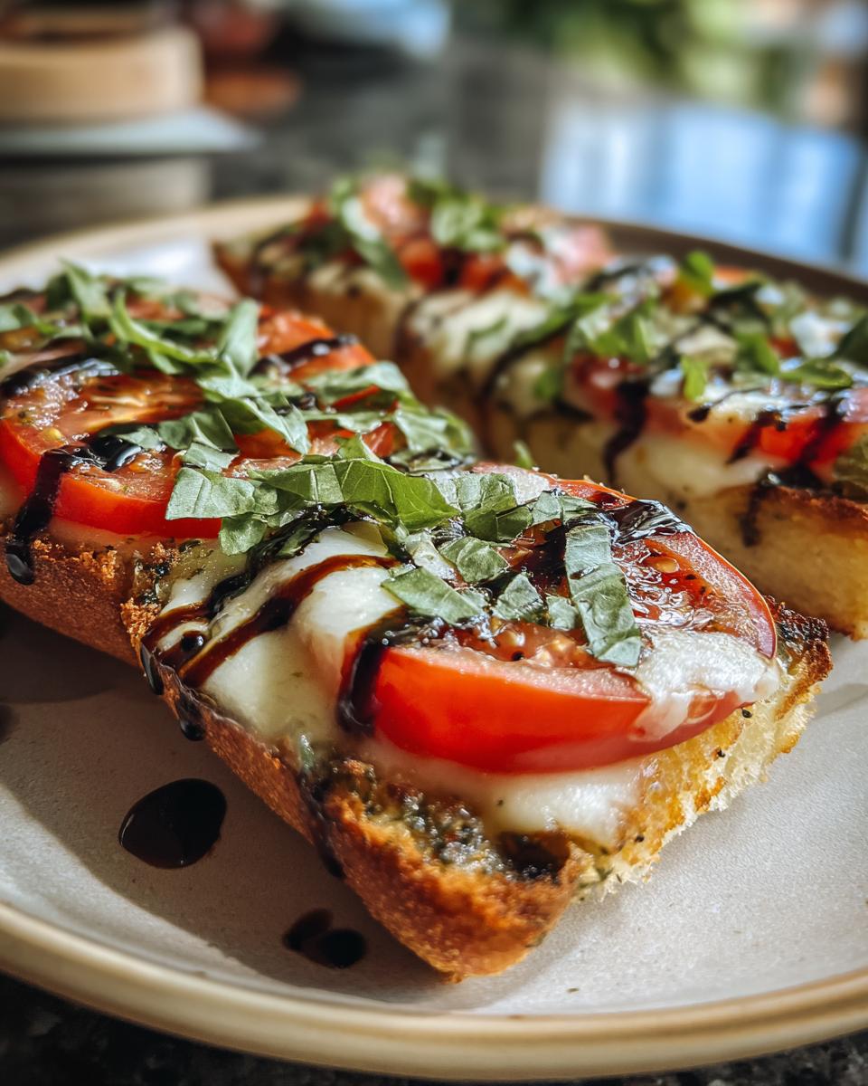 Close-up of Caprese garlic bread topped with melted mozzarella, fresh tomato slices, and basil, drizzled with balsamic glaze.