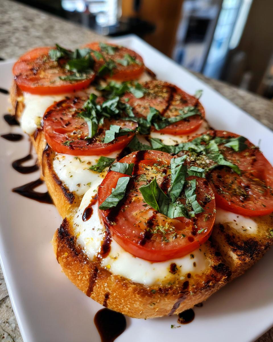 Close-up of Caprese garlic bread topped with melted mozzarella, fresh tomato slices, basil, and balsamic glaze.