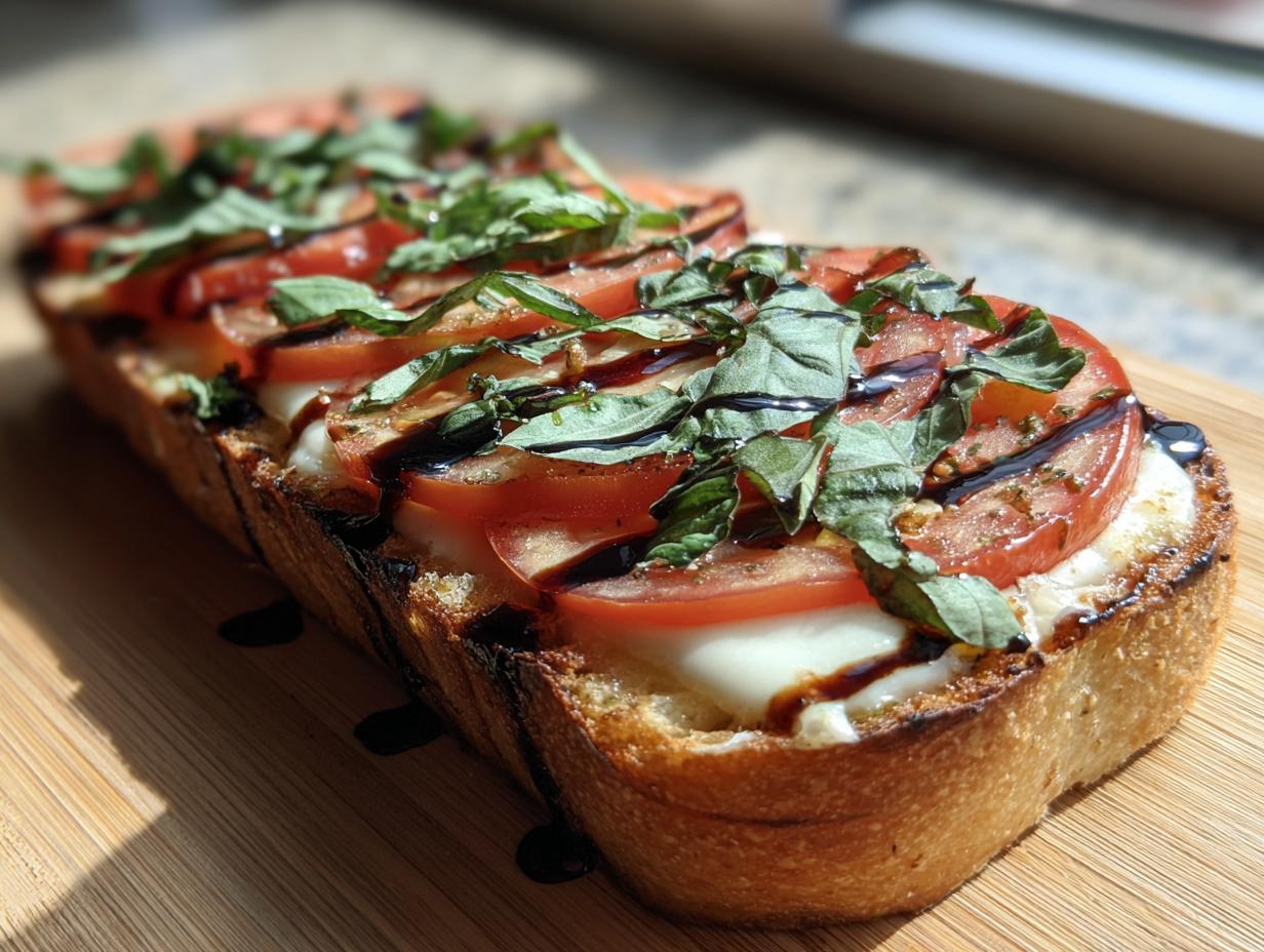 Close-up of toasted Caprese garlic bread topped with fresh mozzarella, tomatoes, basil, and balsamic glaze.