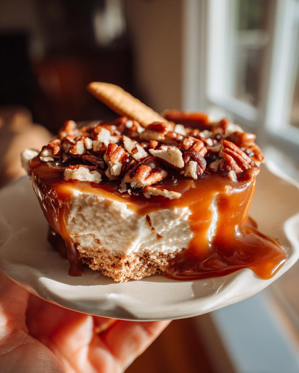 A close-up of a serving of caramel apple cheesecake dip, topped with chopped pecans and drizzled with caramel sauce.