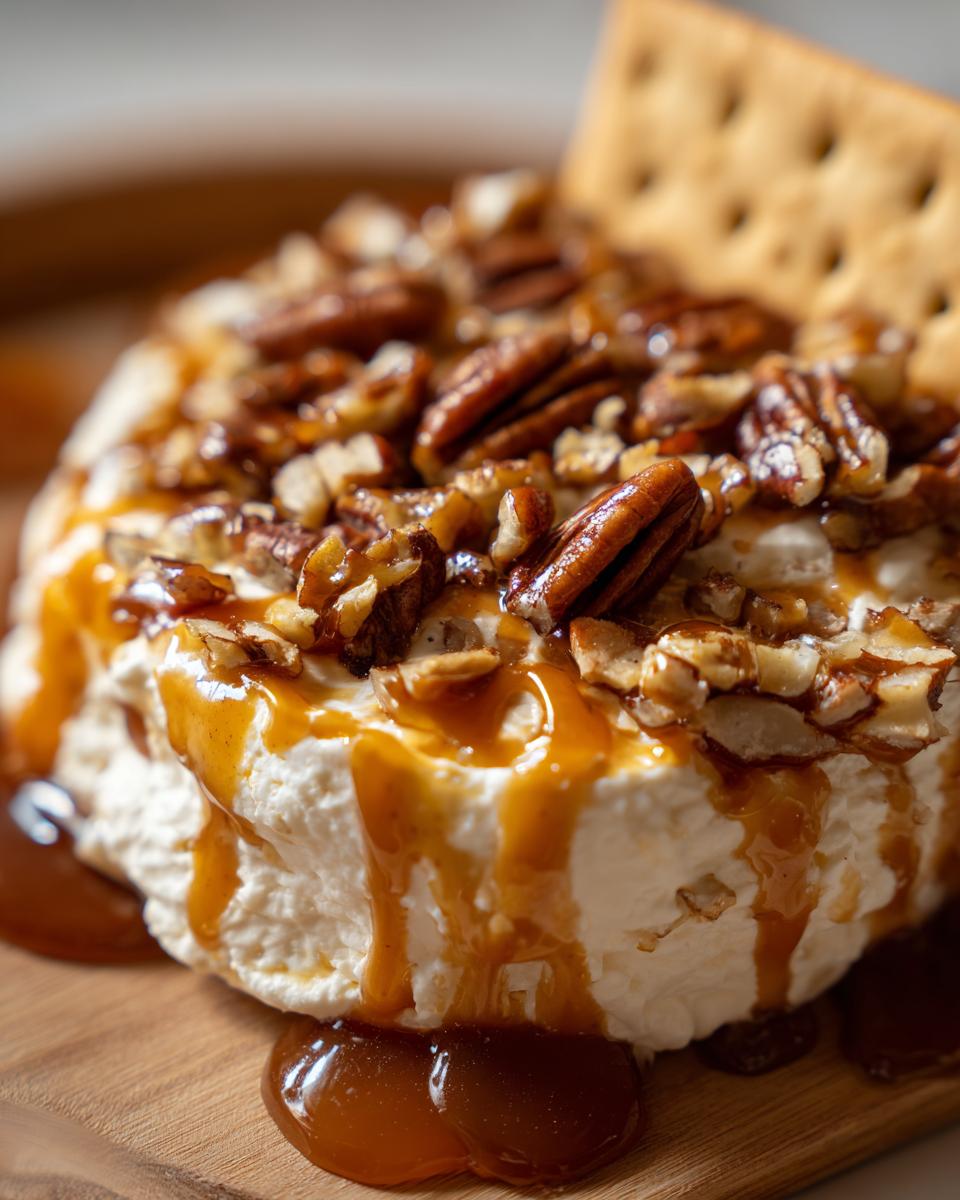 Close-up of a creamy caramel apple cheesecake dip topped with pecans and drizzled with caramel sauce, with a cracker sticking out.