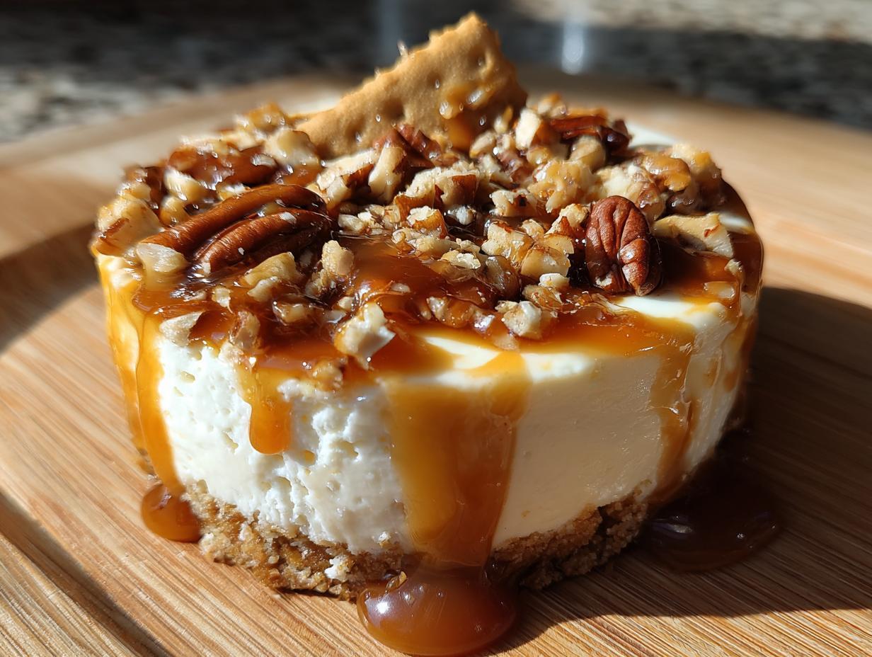 A close-up of a single-serving Caramel Apple Cheesecake Dip, drizzled with caramel and topped with chopped pecans and a cracker.
