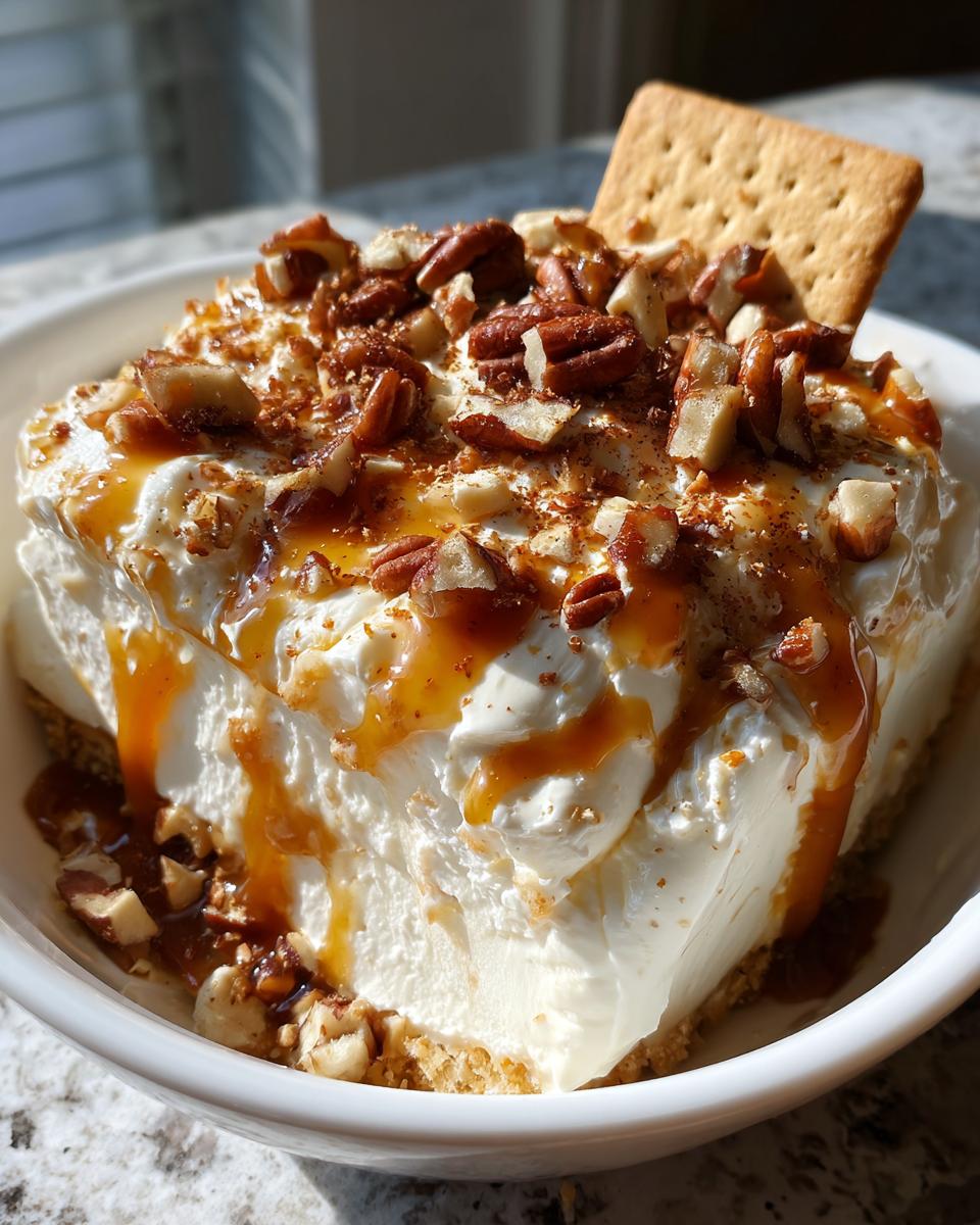 A slice of creamy caramel apple cheesecake dip topped with chopped pecans, caramel drizzle, and a graham cracker.