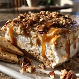 A slice of delicious caramel apple cheesecake dip topped with nuts and caramel sauce, served with crackers.