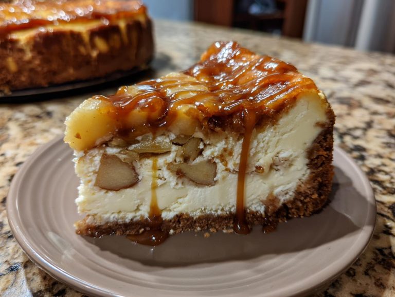 A delicious slice of Caramel Apple Cheesecake on a plate, topped with gooey caramel sauce and chunks of apple.