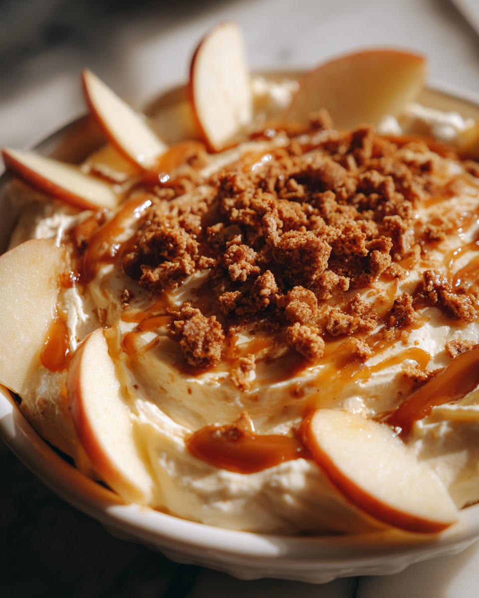 Close-up of a creamy caramel apple dip topped with crumbled cookies and drizzled with caramel sauce, garnished with apple slices.