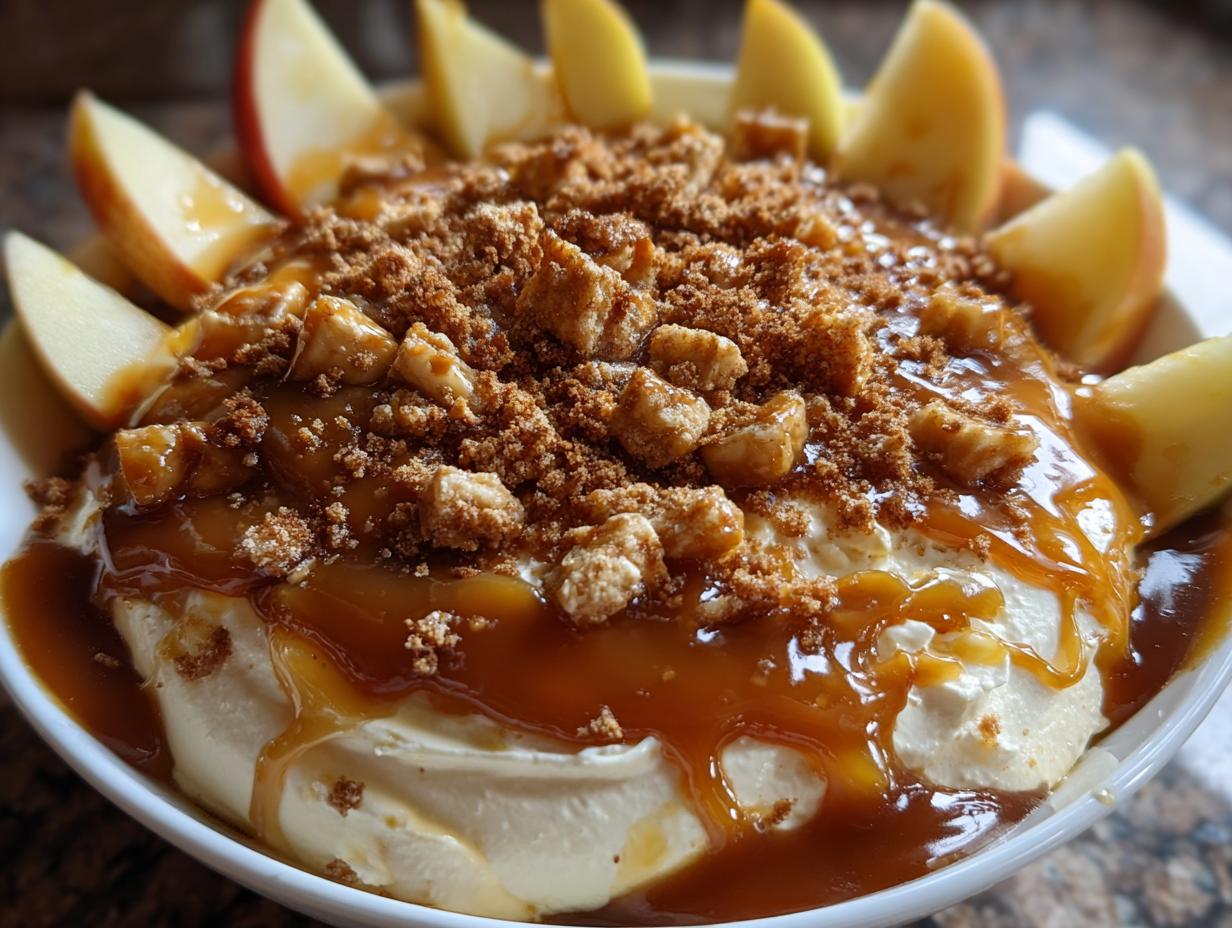 A close-up of a creamy caramel apple dip topped with crunchy crumble and drizzled with caramel sauce, served with apple slices.
