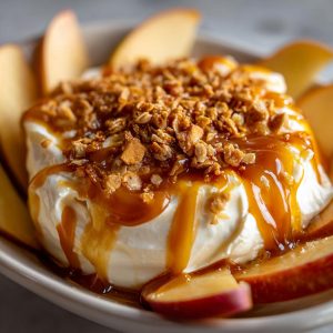 A close-up of a creamy caramel apple dip topped with granola and drizzled with caramel sauce, surrounded by apple slices.