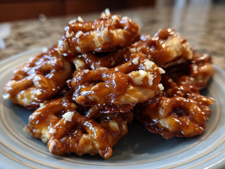 A close-up shot of a pile of glistening caramel apple pretzel bites, sprinkled with white bits.