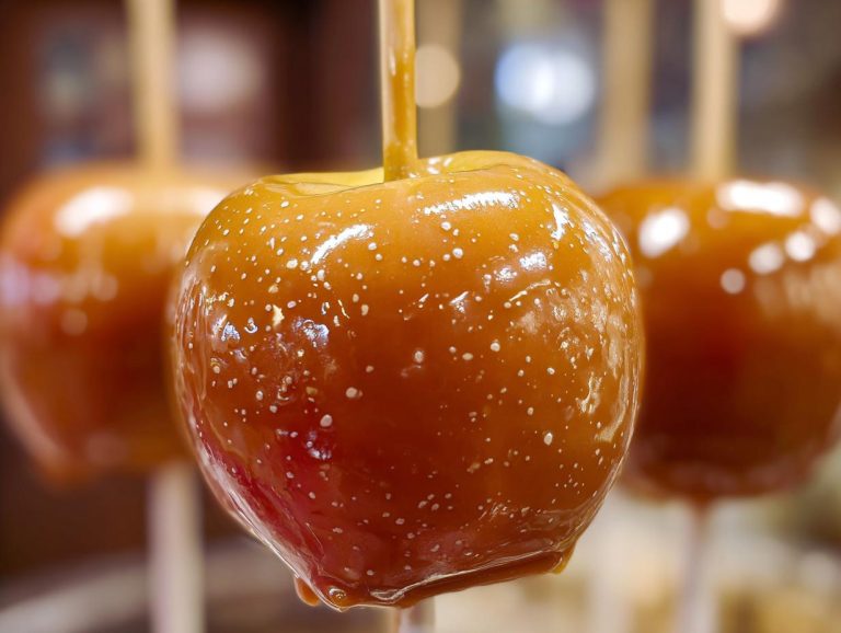 Close-up of a glossy caramel apple on a stick, with tiny white specks, and other caramel apples blurred in the background.